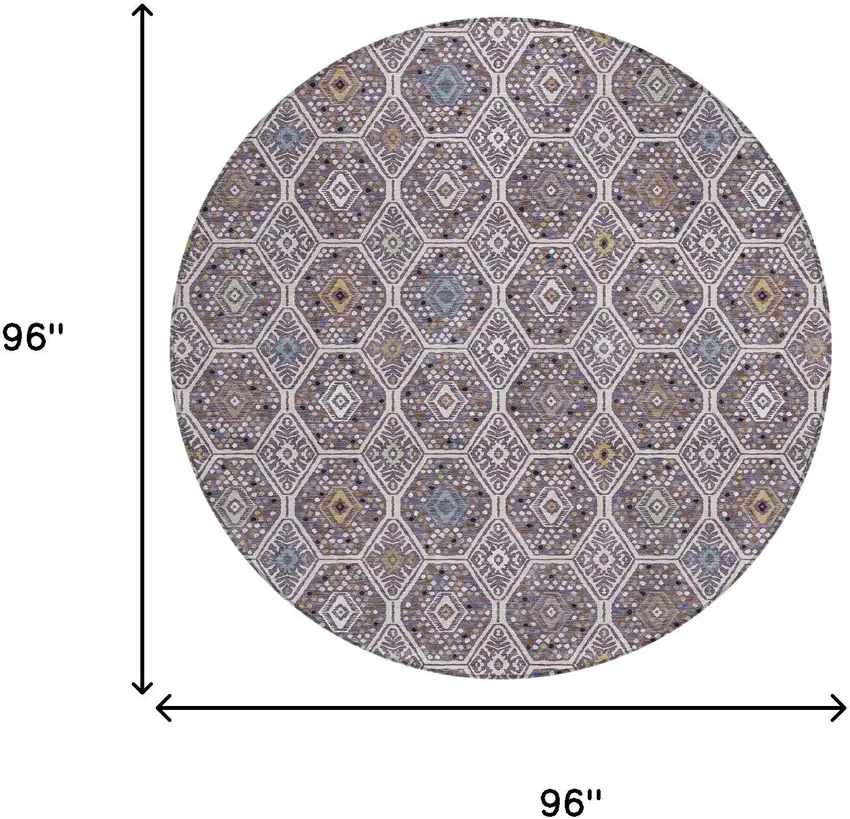 8' Linen And Plum Round Geometric Washable Indoor Outdoor Area Rug Photo 8
