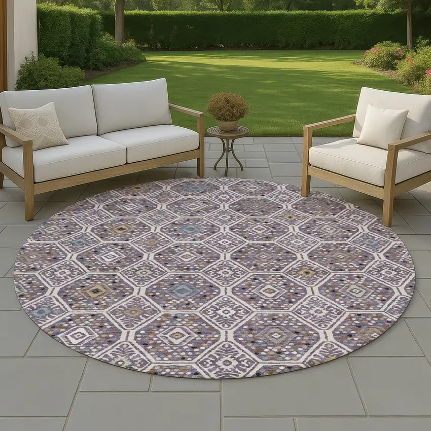 8' Linen And Plum Round Geometric Washable Indoor Outdoor Area Rug Photo 4