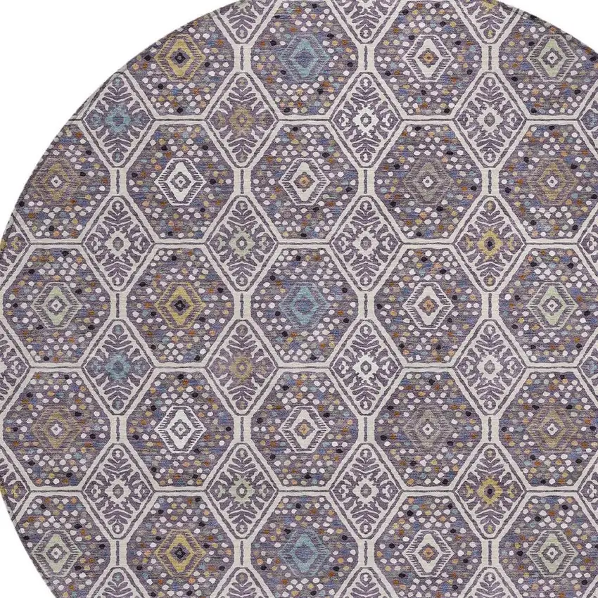 8' Linen And Plum Round Geometric Washable Indoor Outdoor Area Rug Photo 2