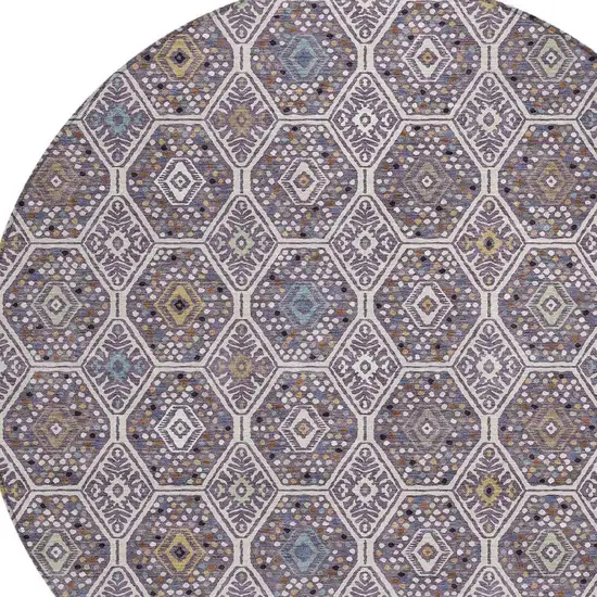 8' Linen And Plum Round Geometric Washable Indoor Outdoor Area Rug Photo 2
