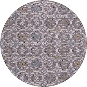 Photo of 8' Linen And Plum Round Geometric Washable Indoor Outdoor Area Rug