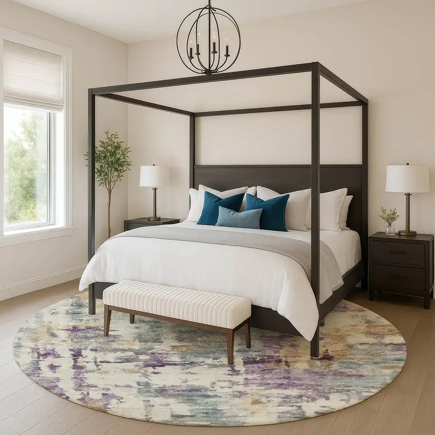 8' Linen And Purple Abstract Washable Round Rug With UV Protection Photo 5