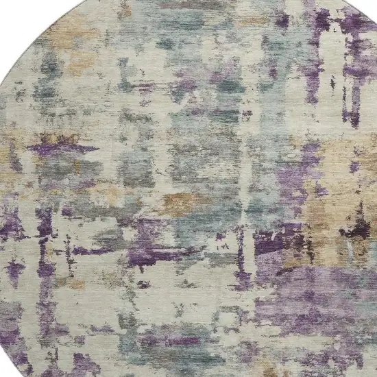 8' Linen And Purple Abstract Washable Round Rug With UV Protection Photo 3