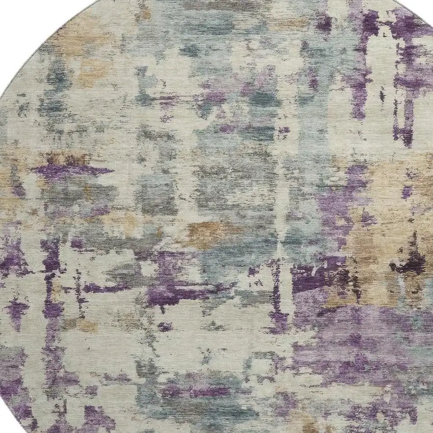 8' Linen And Purple Abstract Washable Round Rug With UV Protection Photo 3