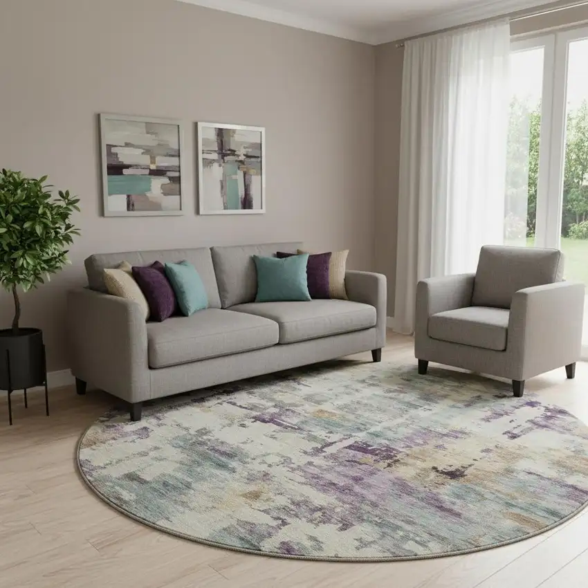 8' Linen And Purple Abstract Washable Round Rug With UV Protection Photo 2