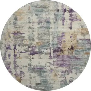 Photo of 8' Linen And Purple Abstract Washable Round Rug With UV Protection