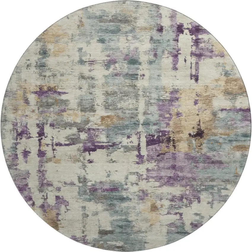 8' Linen And Purple Abstract Washable Round Rug With UV Protection Photo 1