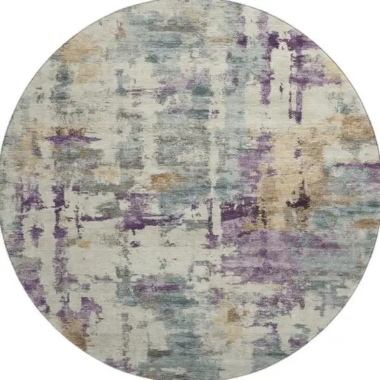 8' Linen And Purple Abstract Washable Round Rug With UV Protection Photo 4