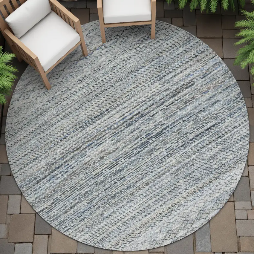 8' Linen And Silver Round Striped Washable Indoor Outdoor Area Rug Photo 6