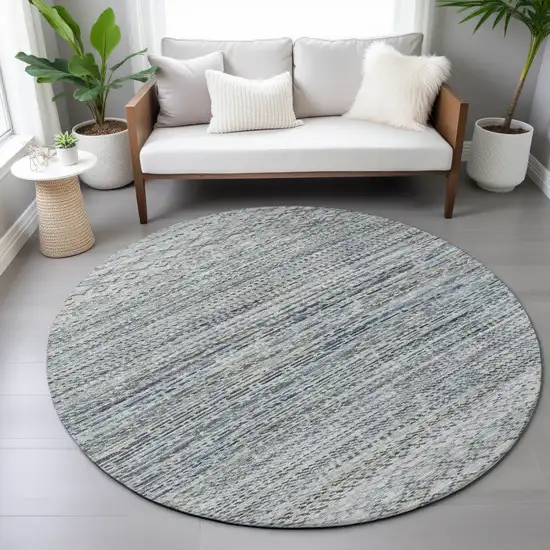 8' Linen And Silver Round Striped Washable Indoor Outdoor Area Rug Photo 7