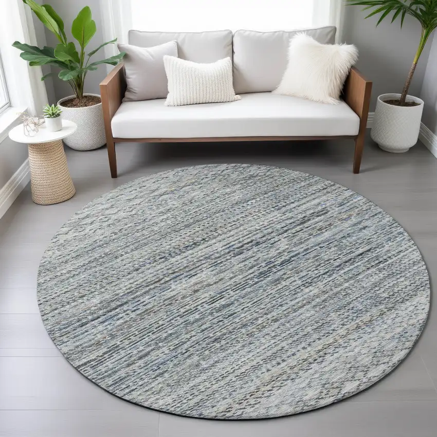 8' Linen And Silver Round Striped Washable Indoor Outdoor Area Rug Photo 7