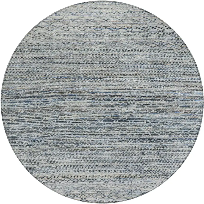 8' Linen And Silver Round Striped Washable Indoor Outdoor Area Rug Photo 1
