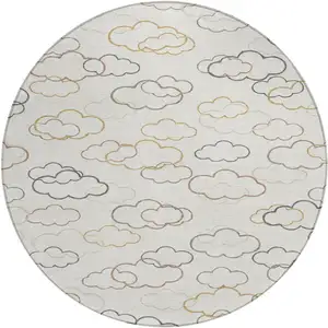 Photo of 8' Linen And Wheat Round Abstract Washable Indoor Outdoor Area Rug