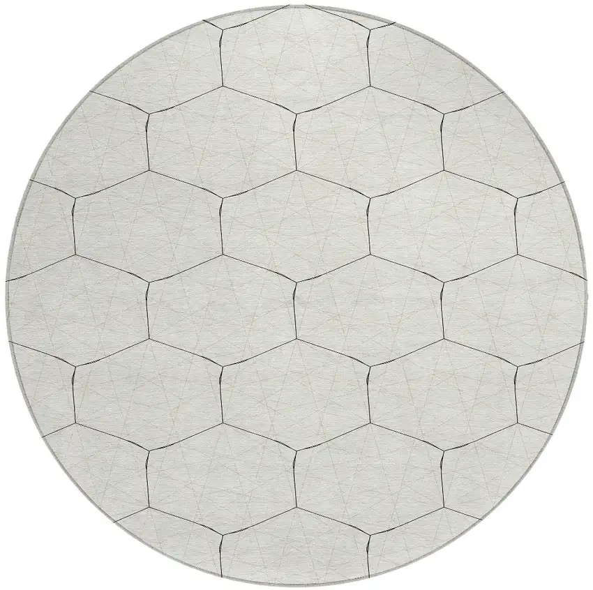 8' Linen Beige And Black Round Geometric Washable Indoor Outdoor Area Rug Photo 5