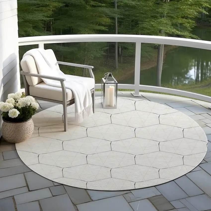 8' Linen Beige And Black Round Geometric Washable Indoor Outdoor Area Rug Photo 6