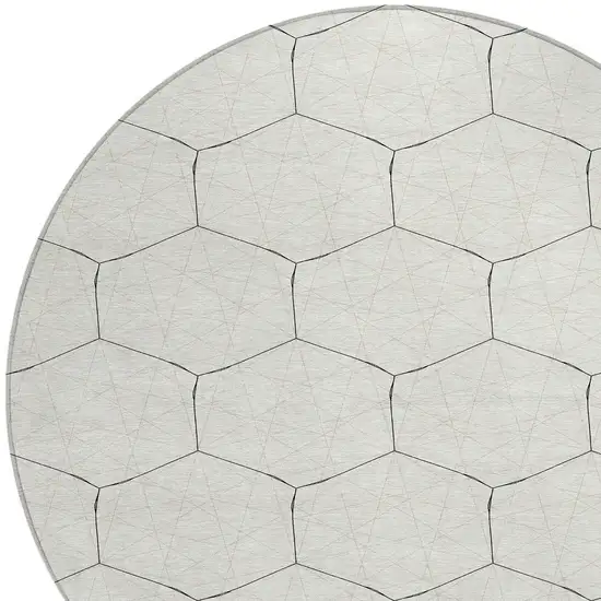 8' Linen Beige And Black Round Geometric Washable Indoor Outdoor Area Rug Photo 4