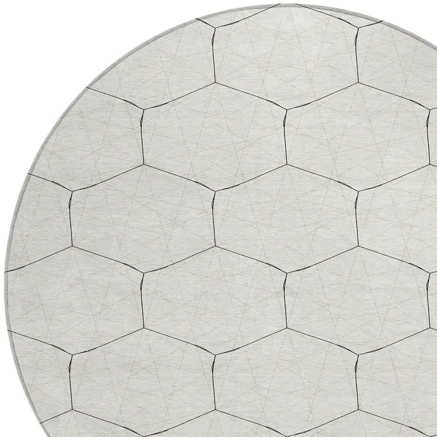 8' Linen Beige And Black Round Geometric Washable Indoor Outdoor Area Rug Photo 4