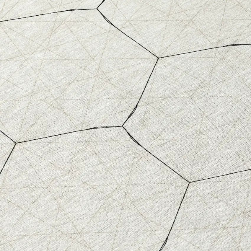 8' Linen Beige And Black Round Geometric Washable Indoor Outdoor Area Rug Photo 8