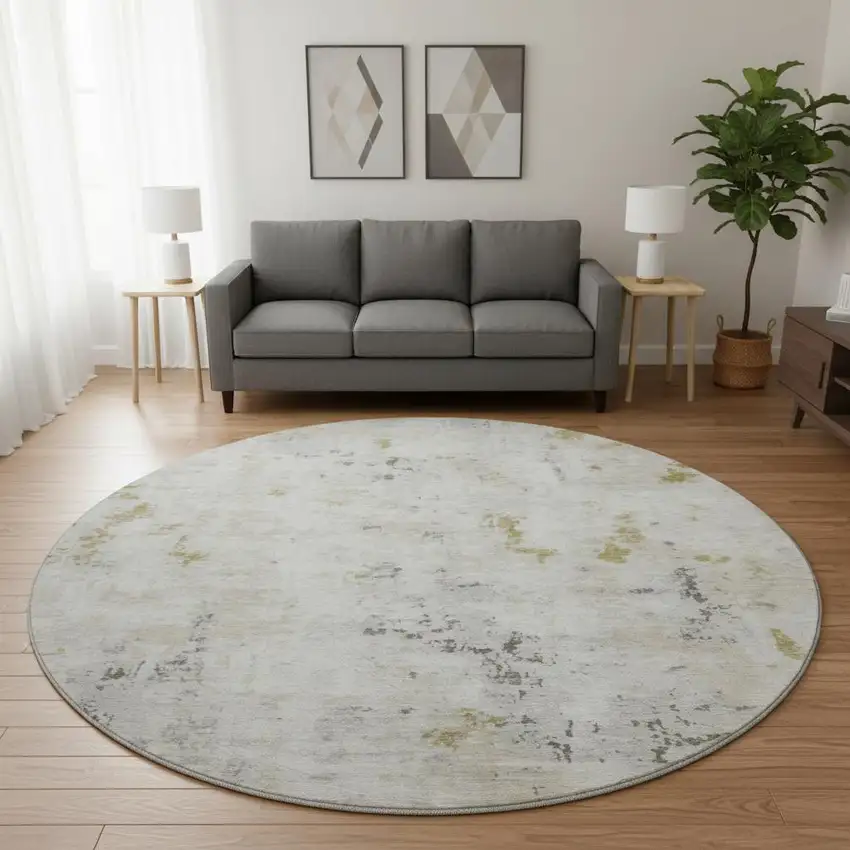 8' Linen Beige And Gray Abstract Washable Round Rug With UV Protection Photo 2