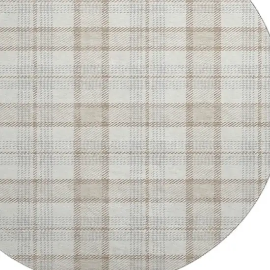 8' Linen Beige And Gray Plaid Washable Round Rug With UV Protection Photo 2