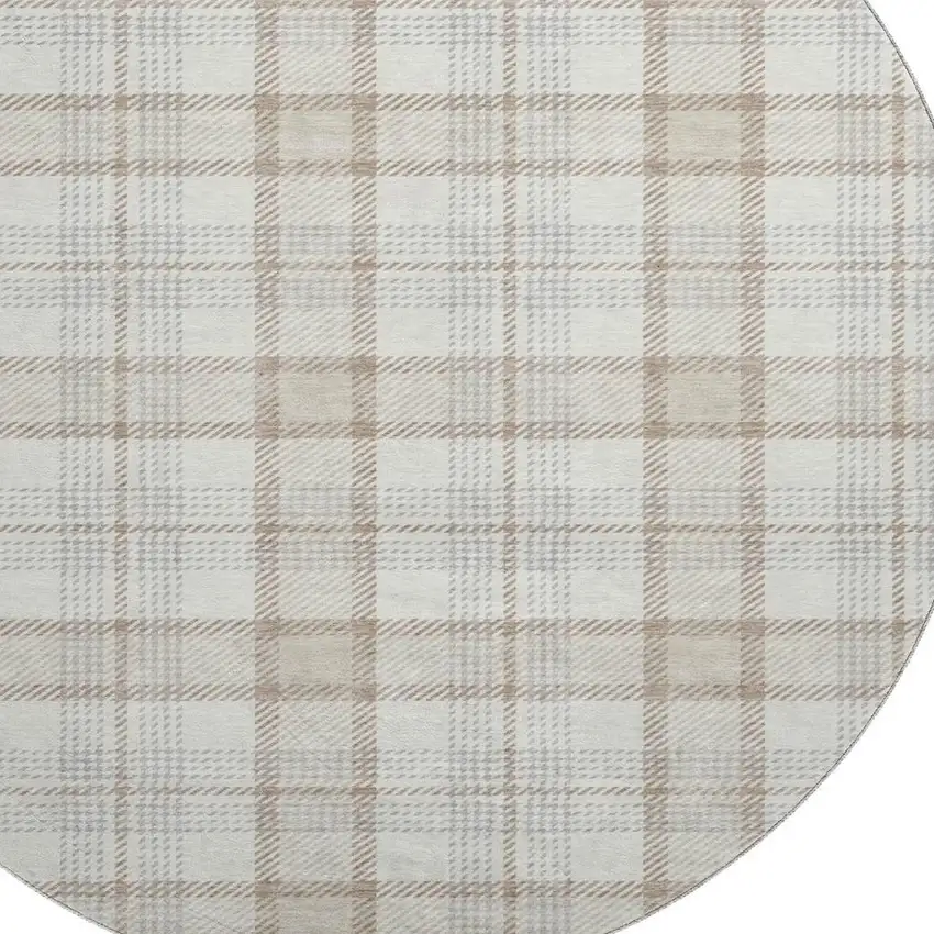 8' Linen Beige And Gray Plaid Washable Round Rug With UV Protection Photo 2