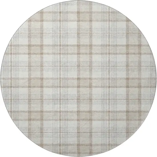 8' Linen Beige And Gray Plaid Washable Round Rug With UV Protection Photo 3