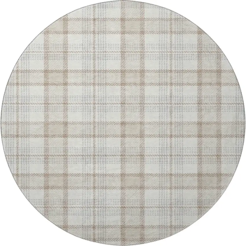 8' Linen Beige And Gray Plaid Washable Round Rug With UV Protection Photo 3