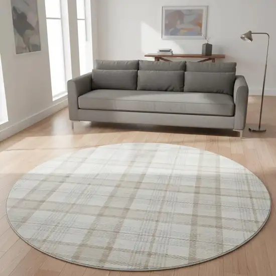8' Linen Beige And Gray Plaid Washable Round Rug With UV Protection Photo 2