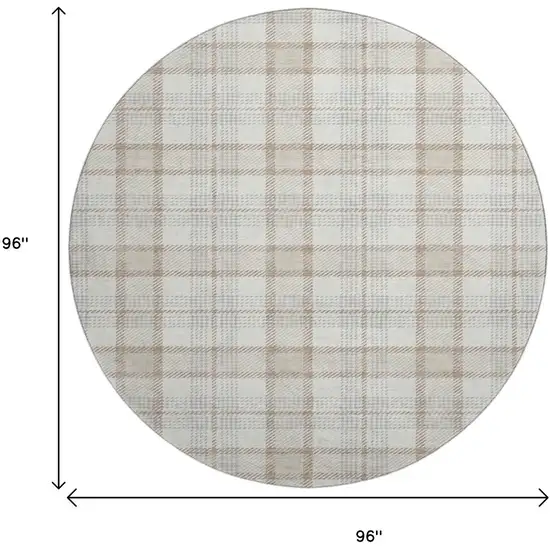 8' Linen Beige And Gray Plaid Washable Round Rug With UV Protection Photo 9