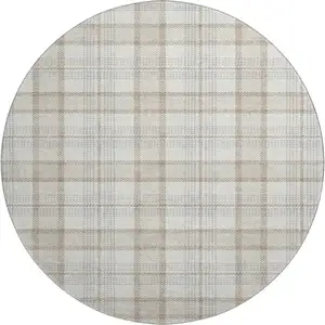 Photo of 8' Linen Beige And Gray Plaid Washable Round Rug With UV Protection