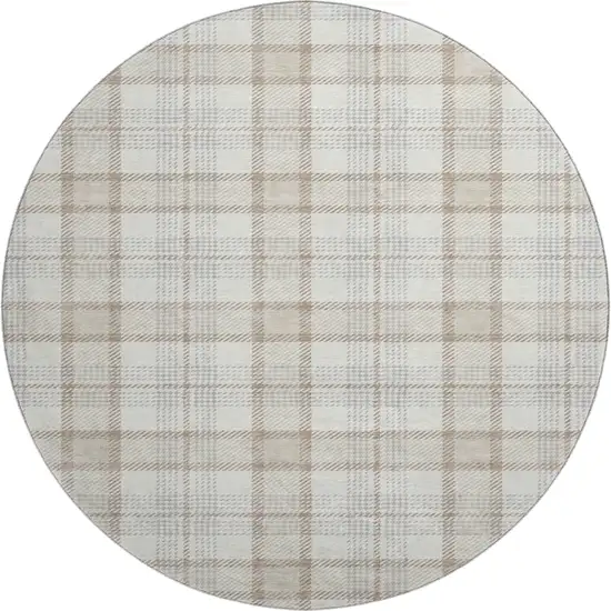 8' Linen Beige And Gray Plaid Washable Round Rug With UV Protection Photo 1