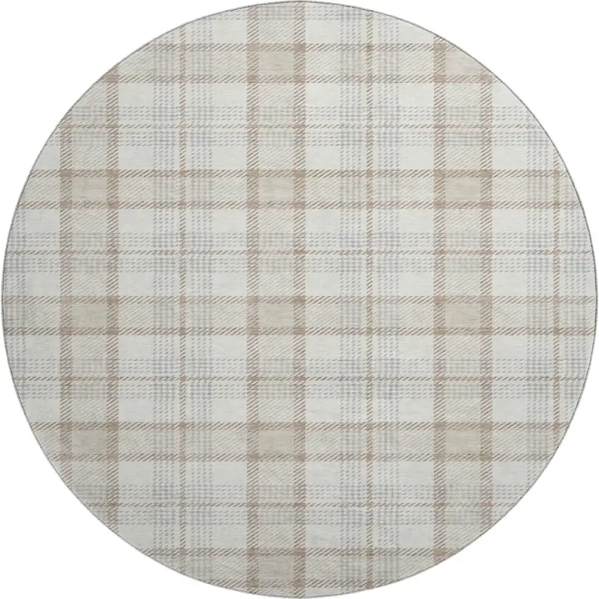 8' Linen Beige And Gray Plaid Washable Round Rug With UV Protection Photo 1