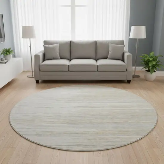 8' Linen Beige And Ivory Striped Washable Round Rug With UV Protection Photo 2