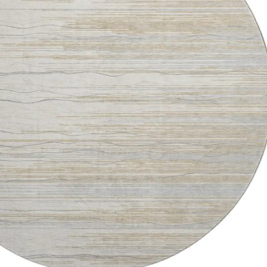 8' Linen Beige And Ivory Striped Washable Round Rug With UV Protection Photo 3