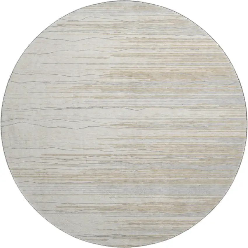 8' Linen Beige And Ivory Striped Washable Round Rug With UV Protection Photo 1