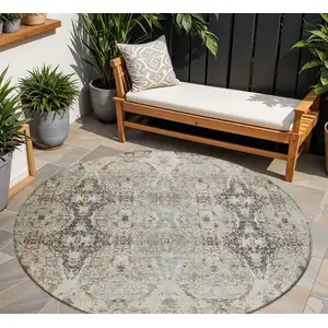 Photo of 8' Linen Black And Brown Round Floral Washable Indoor Outdoor Area Rug