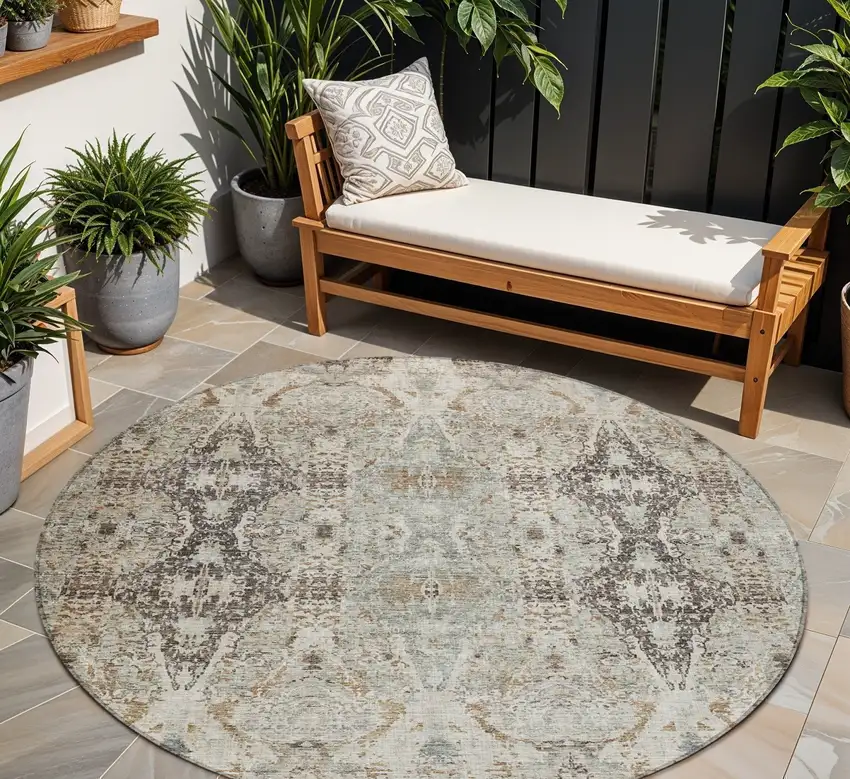 8' Linen Black And Brown Round Floral Washable Indoor Outdoor Area Rug Photo 1