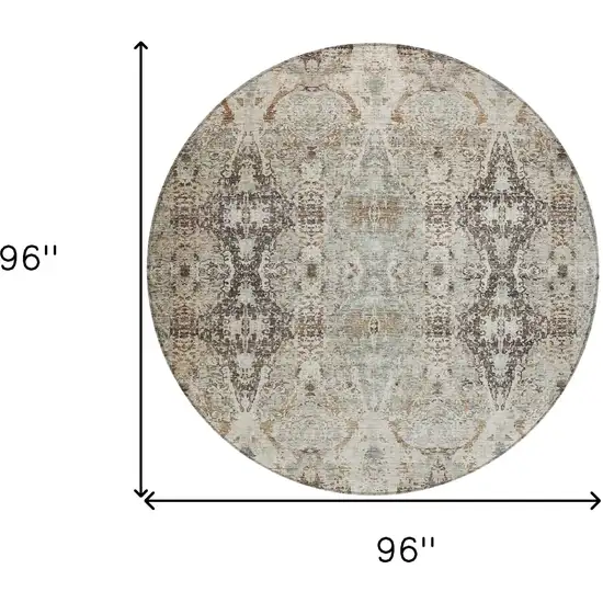 8' Linen Black And Brown Round Floral Washable Indoor Outdoor Area Rug Photo 3