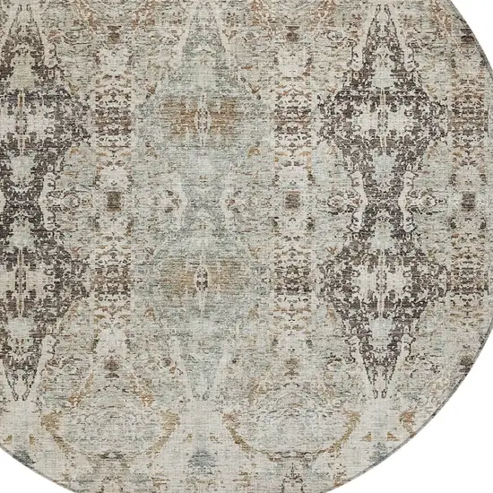 8' Linen Black And Brown Round Floral Washable Indoor Outdoor Area Rug Photo 4