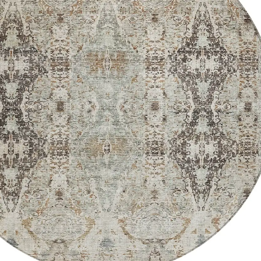 8' Linen Black And Brown Round Floral Washable Indoor Outdoor Area Rug Photo 4