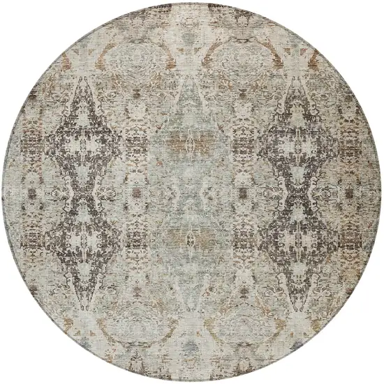 8' Linen Black And Brown Round Floral Washable Indoor Outdoor Area Rug Photo 5