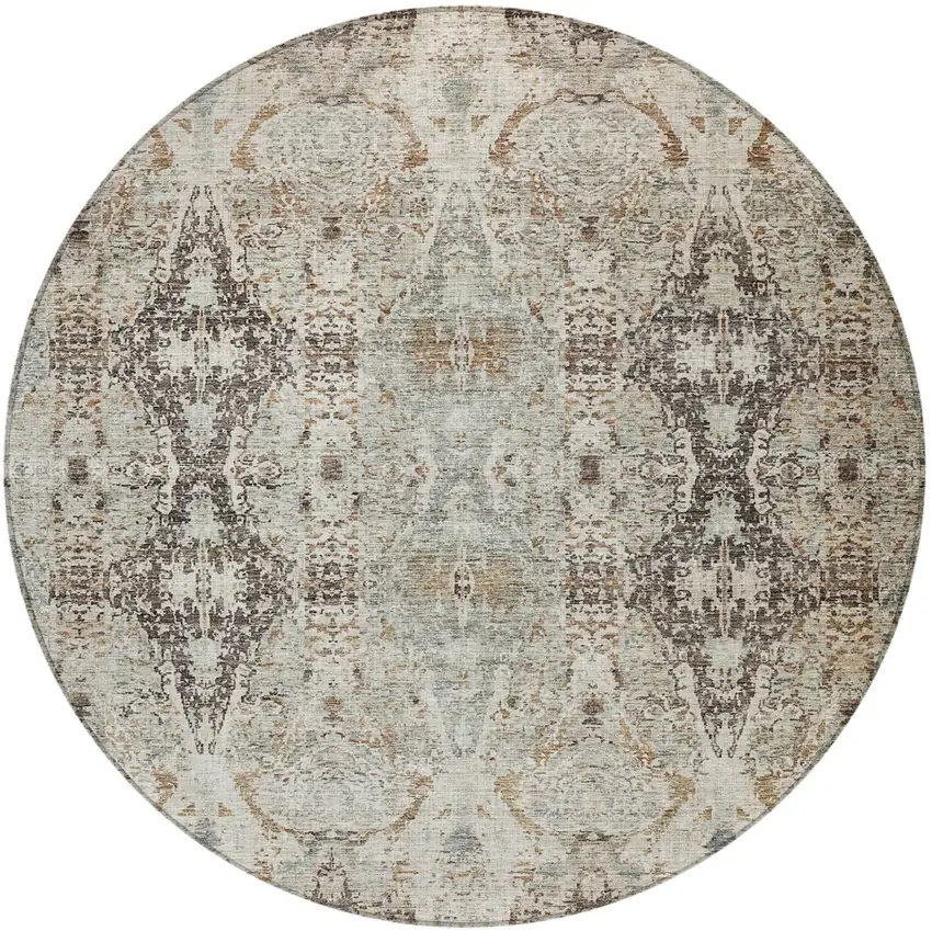 8' Linen Black And Brown Round Floral Washable Indoor Outdoor Area Rug Photo 5
