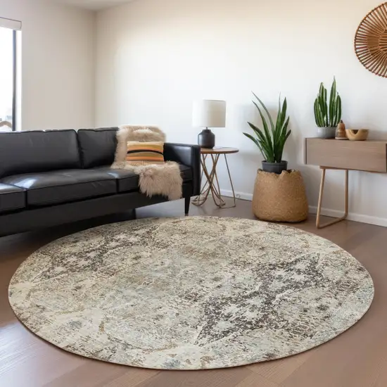8' Linen Black And Brown Round Floral Washable Indoor Outdoor Area Rug Photo 7