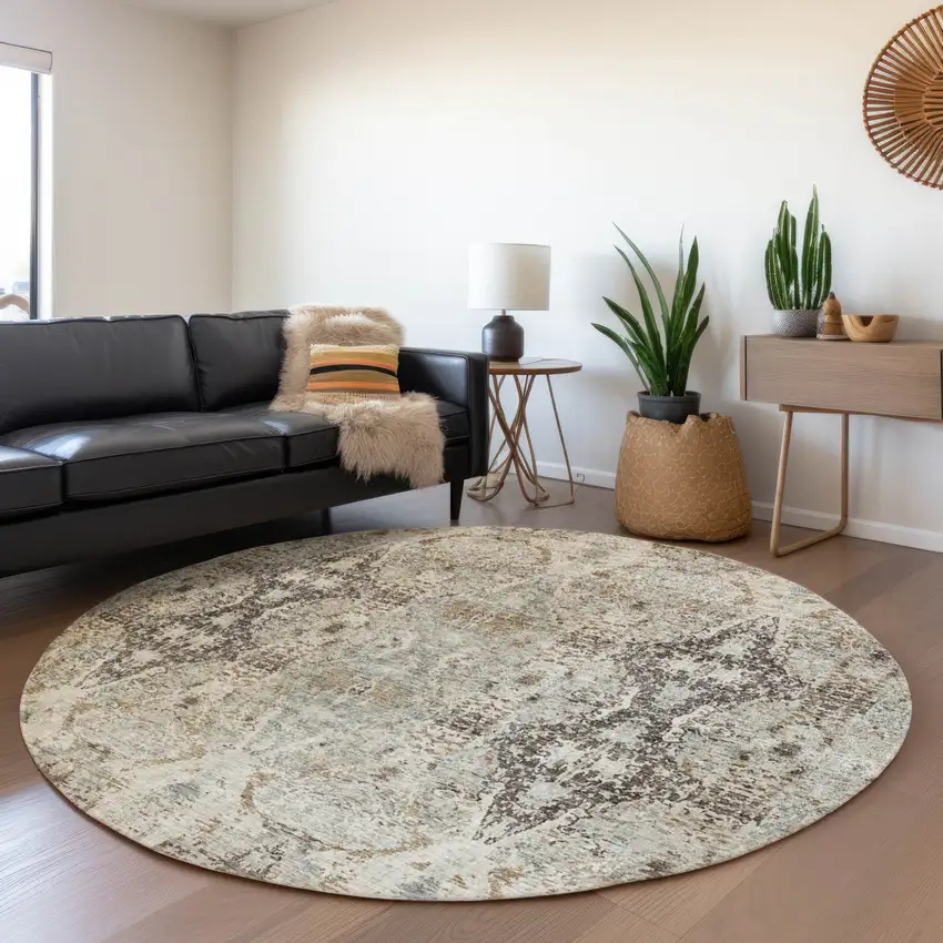 8' Linen Black And Brown Round Floral Washable Indoor Outdoor Area Rug Photo 7