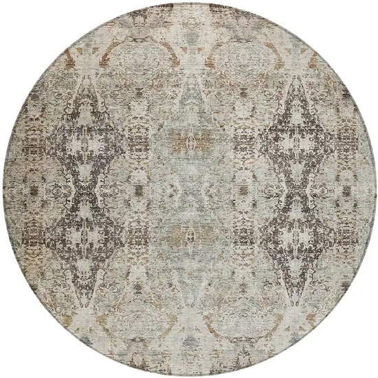 8' Linen Black And Brown Round Floral Washable Indoor Outdoor Area Rug Photo 2
