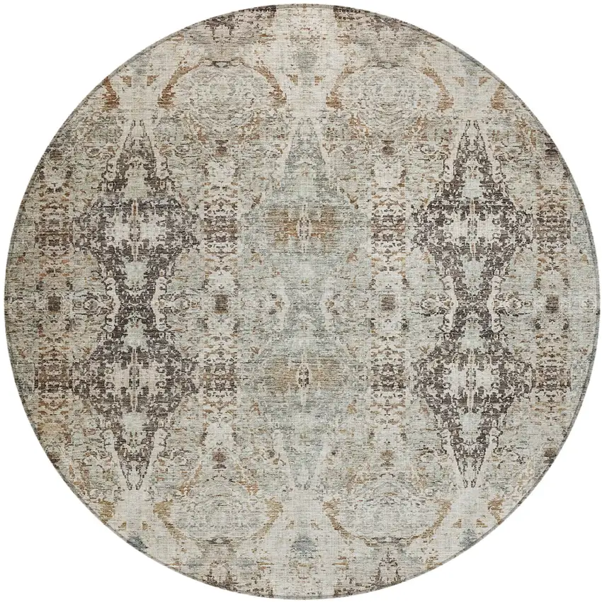 8' Linen Black And Brown Round Floral Washable Indoor Outdoor Area Rug Photo 2