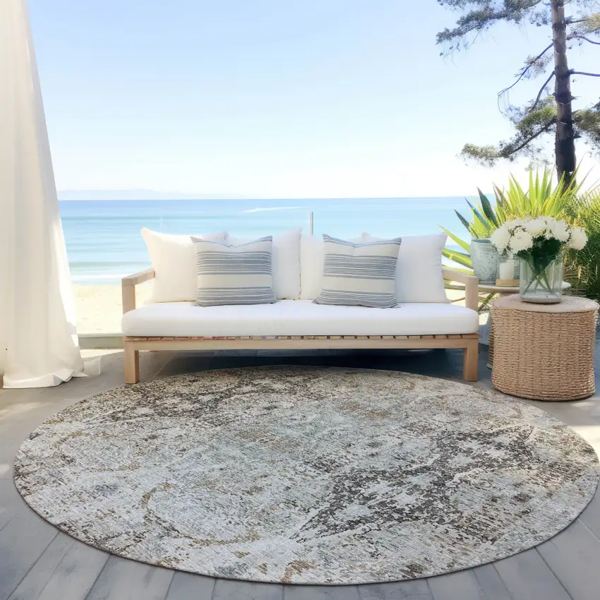 8' Linen Black And Brown Round Floral Washable Indoor Outdoor Area Rug Photo 6