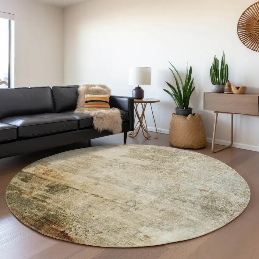 8' Linen Black And Copper Round Abstract Washable Indoor Outdoor Area Rug Photo 7