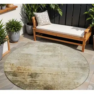 Photo of 8' Linen Black And Copper Round Abstract Washable Indoor Outdoor Area Rug