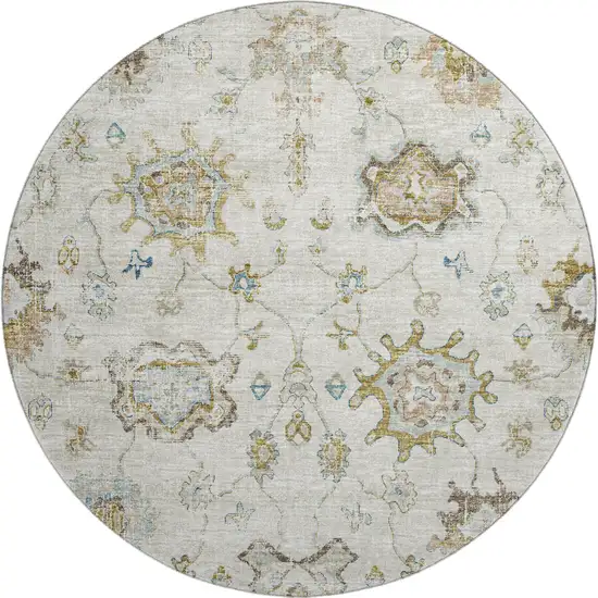 8' Linen Blue And Coffee Floral Medallion Washable Round Rug With UV Protection Photo 2